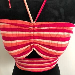 L*SPACE Paloma Top Small Striped Halter Crop Top Red‎ Pink Orange Cutout Detail